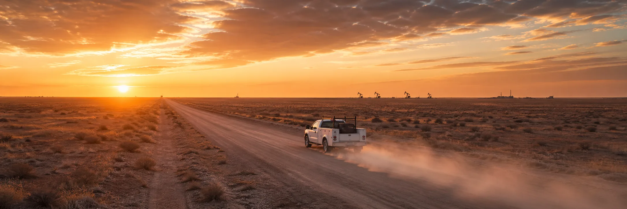Lone service truck driving down a straight dirt road through the Permian Basin at sunrise