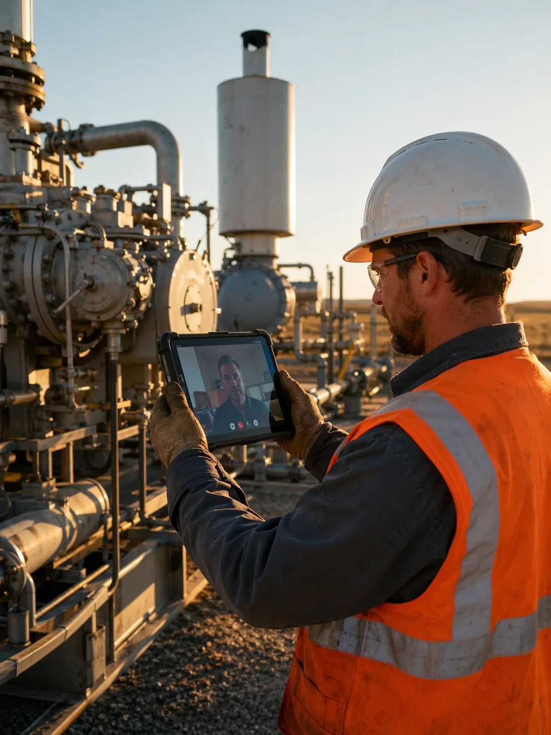Field technician with tablet at gas compressor station