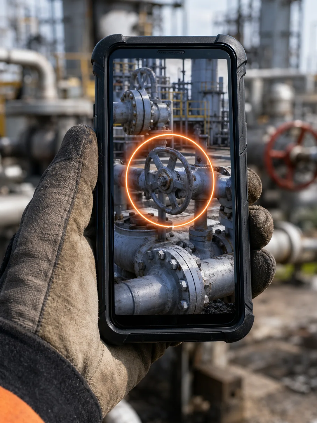 Smartphone screen showing annotated live video of compressor valve