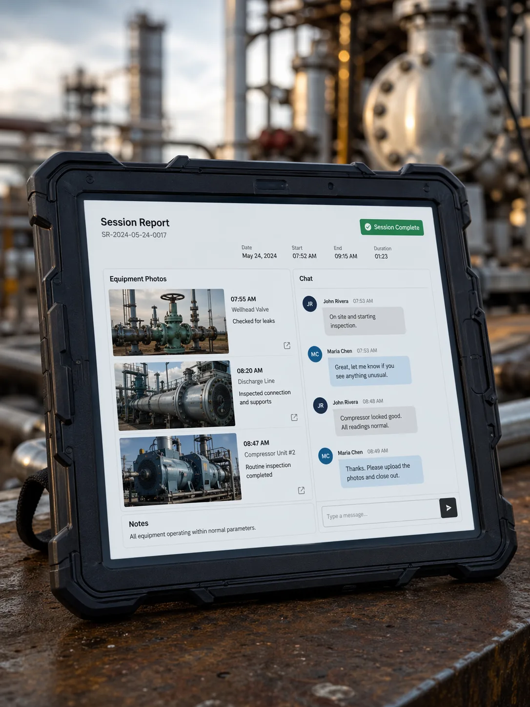 Tablet showing timestamped session report with photos and chat log