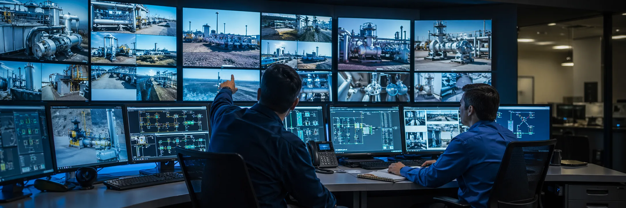 Remote operations control room with engineers monitoring live field video feeds