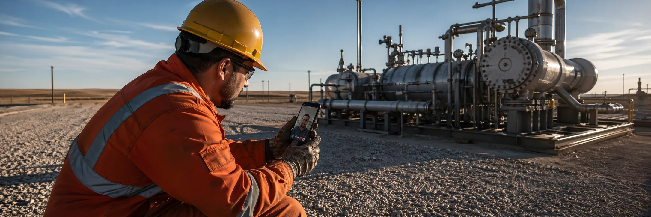 Field technician crouching at gas compressor following live remote guidance on smartphone